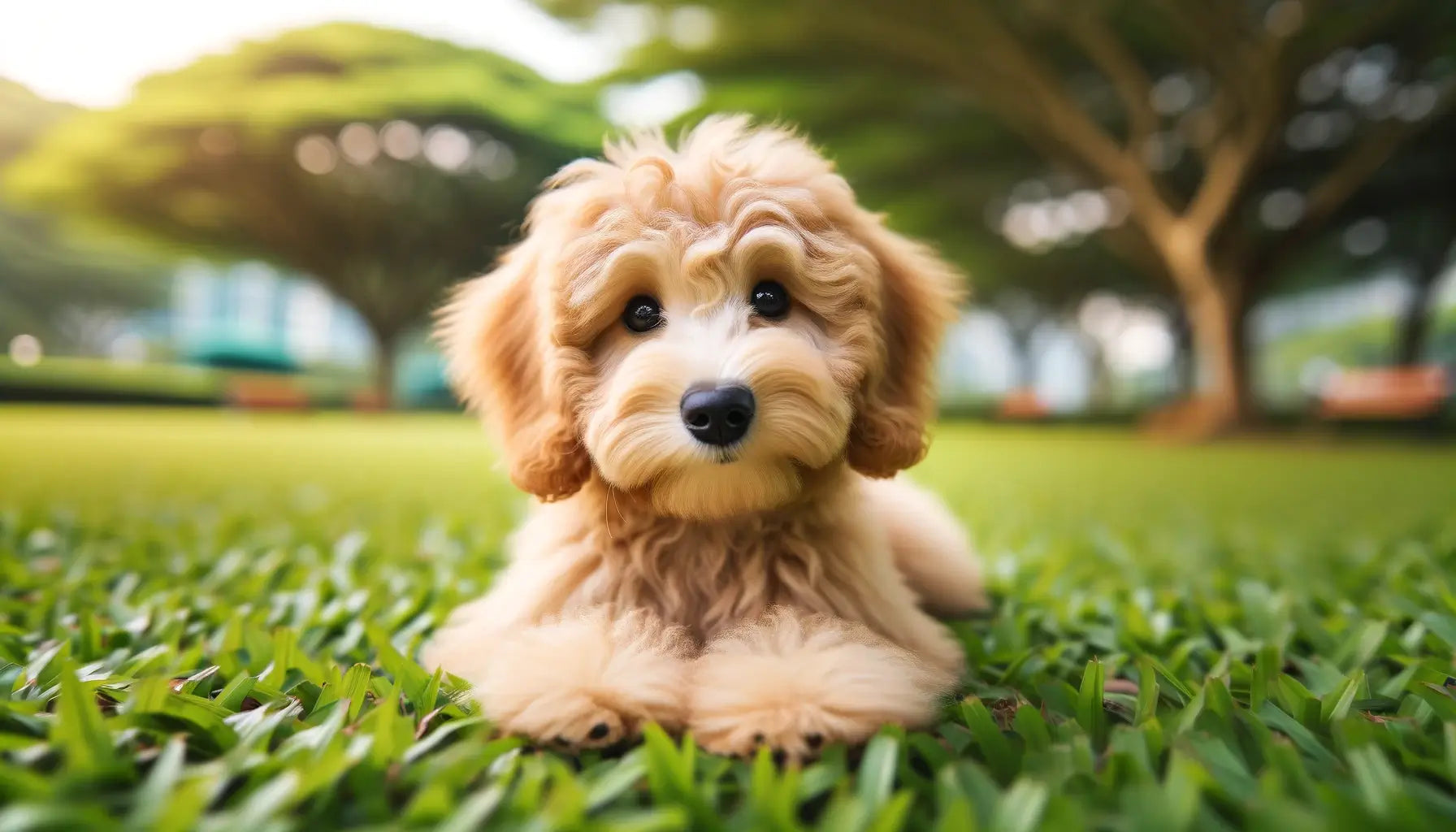 Teacup Goldendoodle lies on the grass, its inquisitive eyes meeting the camera, capturing the breed's playful spirit and adorable curiosity.