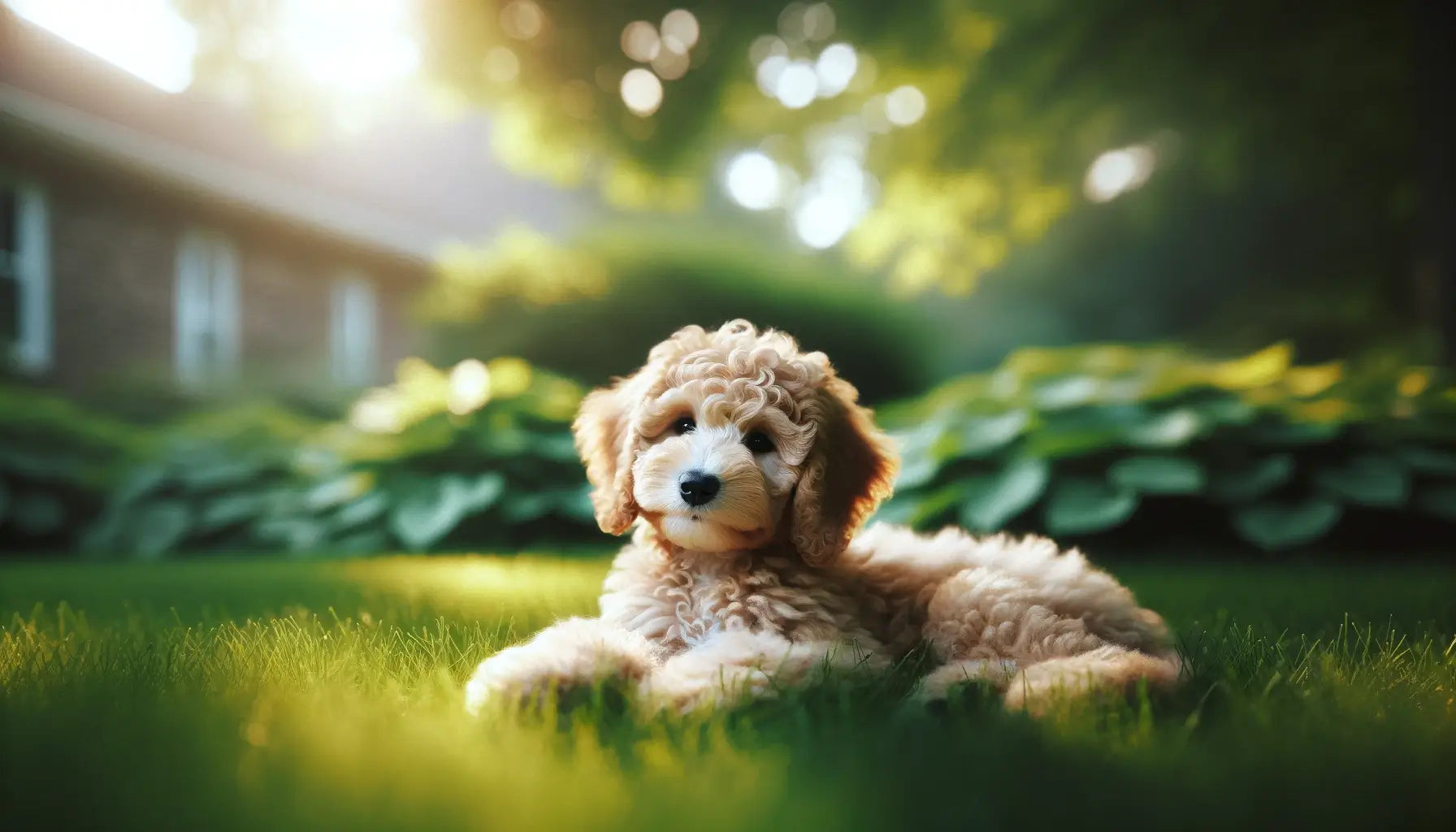 Teacup Goldendoodle lying on the grass, its body relaxed and at ease, epitomizing the breed's adaptable and content nature.