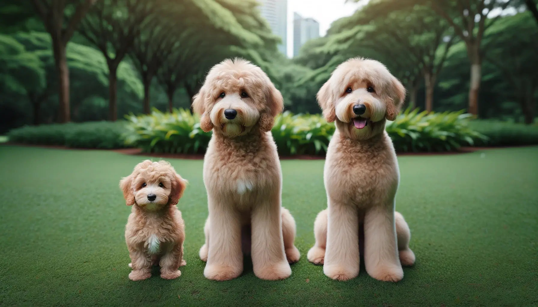 Teacup Goldendoodle male and female in a park, highlighting their diminutive size.
