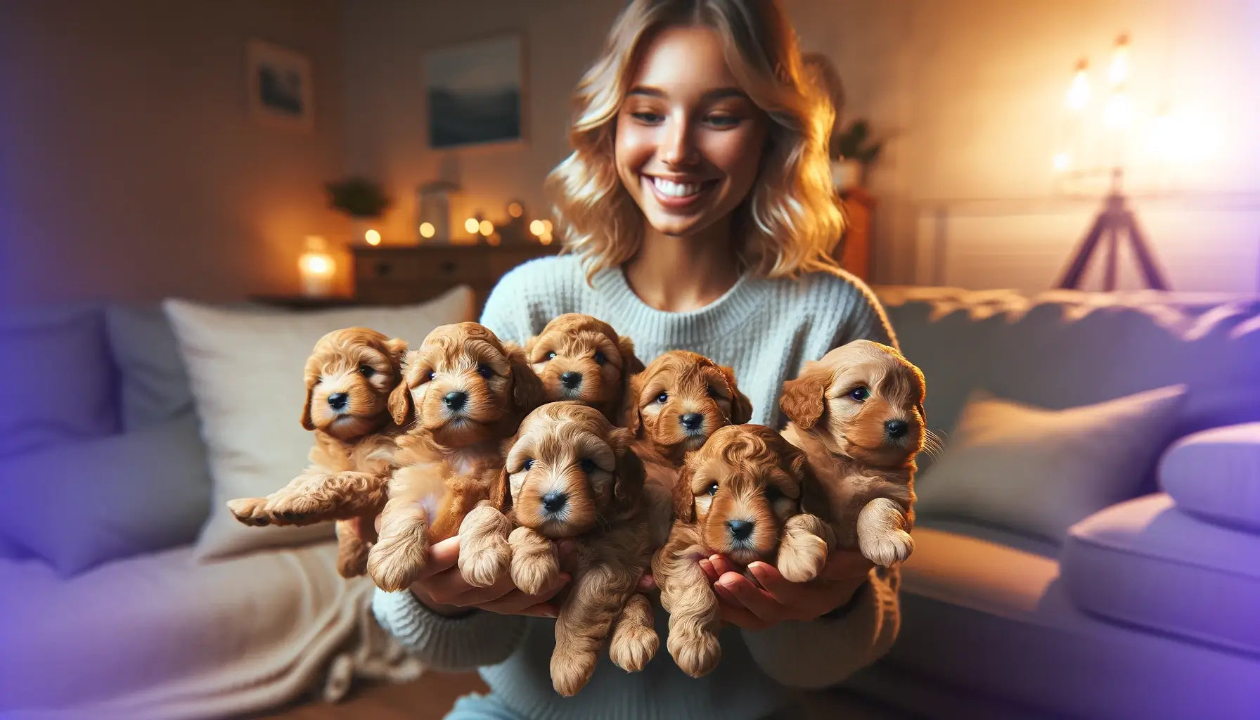 Warm and inviting image showcasing a breeder's Teacup Goldendoodle puppies.