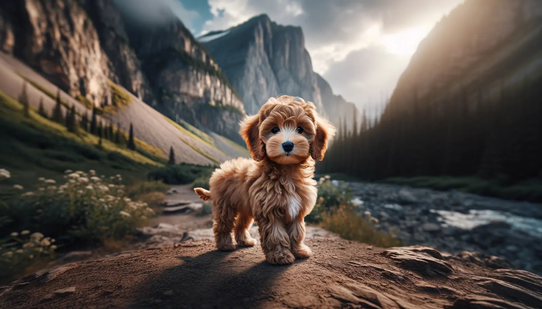 Teacup Goldendoodle's tiny stature is showcased against a backdrop that accentuates its unique appearance and strong miniature physique.