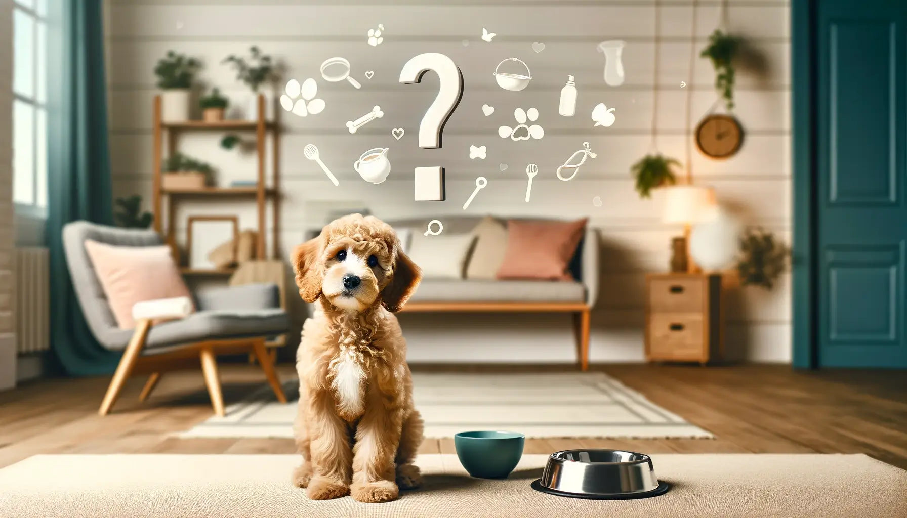 Teacup Goldendoodle sits attentively in a home environment with a large question mark hovering above its head.