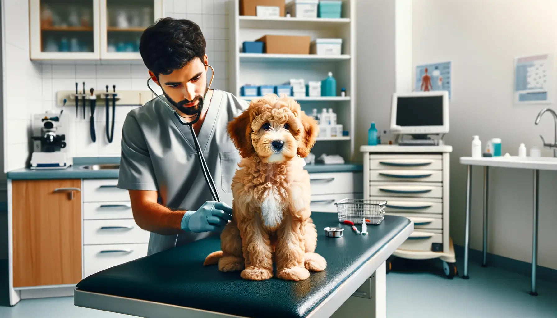 Teacup Goldendoodle sits calmly on an examination table, attentively engaged in a health check by a veterinarian.