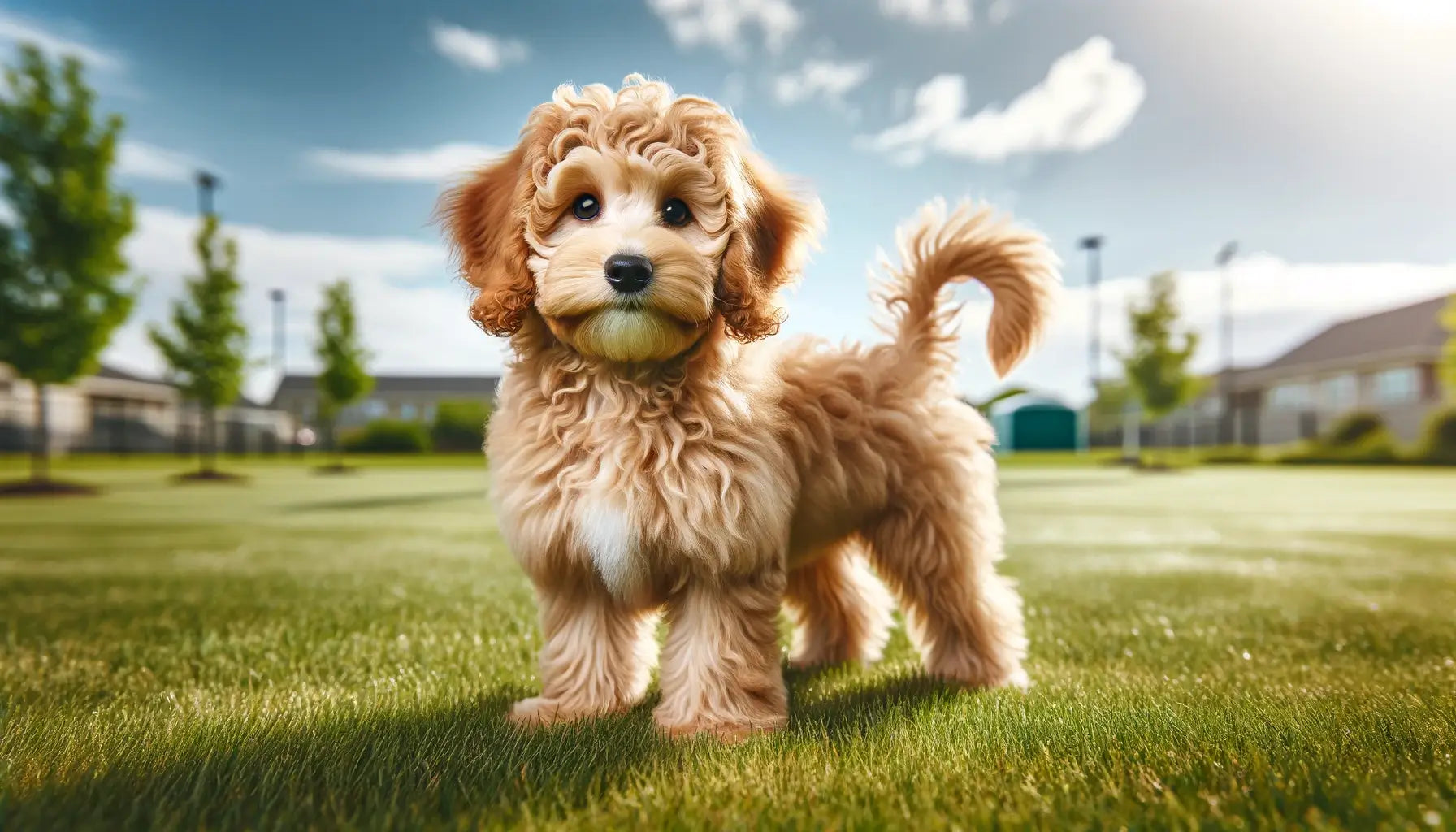 Teacup Goldendoodle stands on the grass, its small but robust build suggesting readiness for social events or outdoor activities.