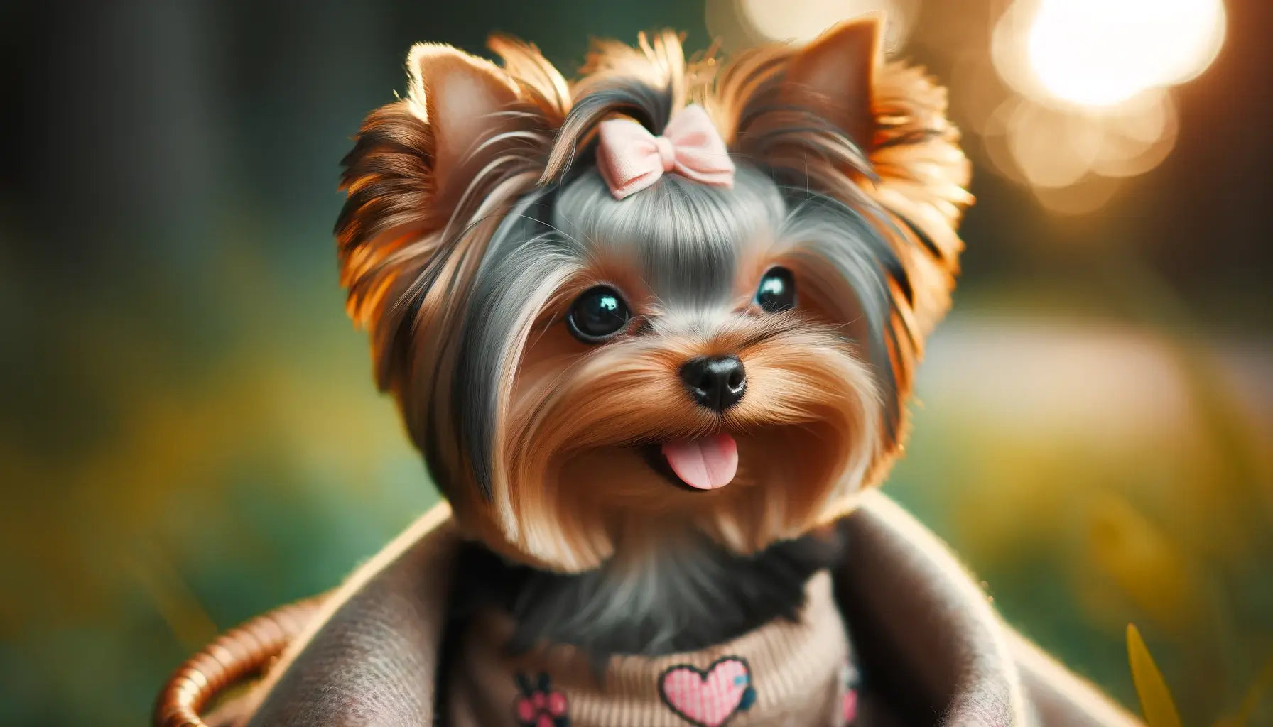 A Teacup Yorkie enjoys the outdoors, its coat shimmering in the natural light.