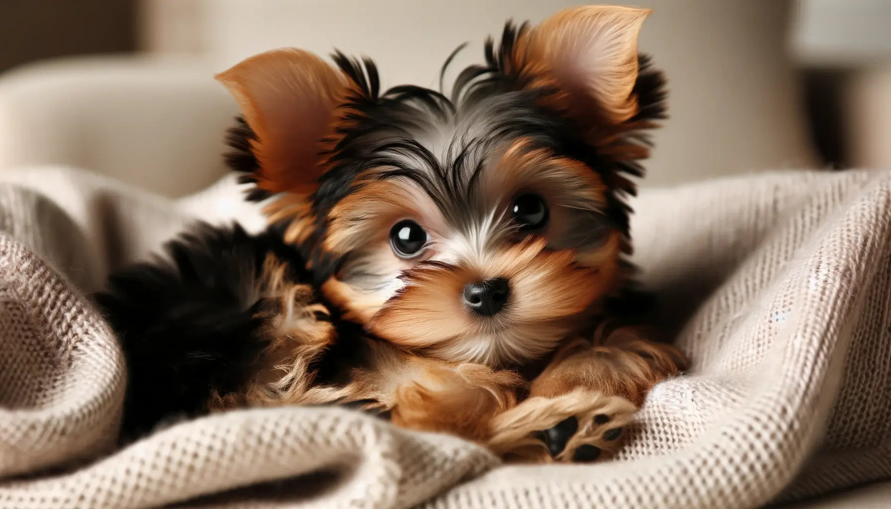 A Teacup Yorkie lies cozily, its expressive eyes and small physique illustrating the breed's need for a nurturing and protective environment.