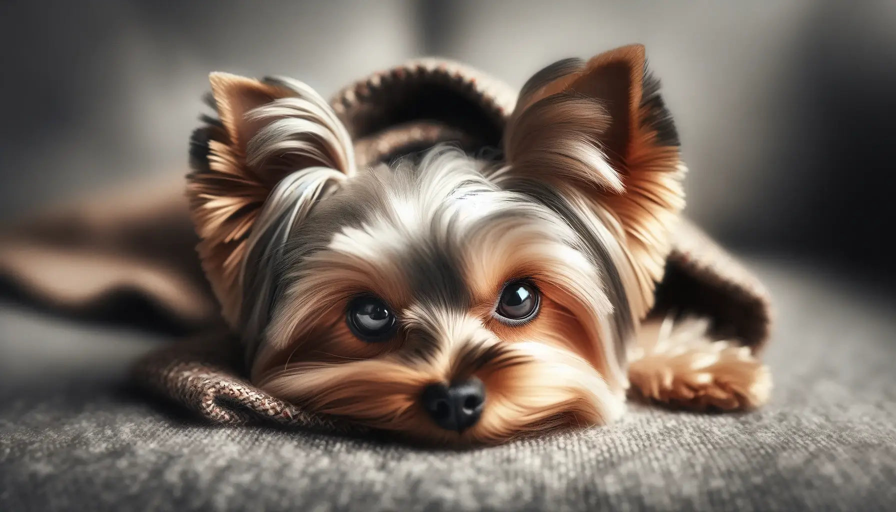 A Teacup Yorkie lies down peering out with a gentle gaze.