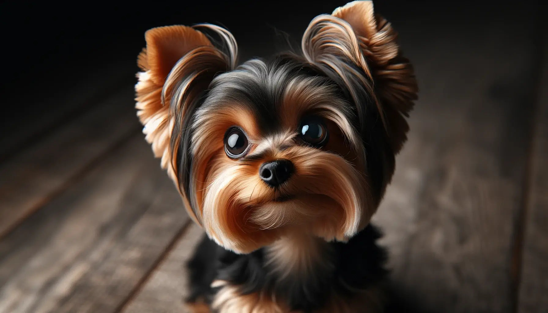A Teacup Yorkie looks up with endearing eyes.