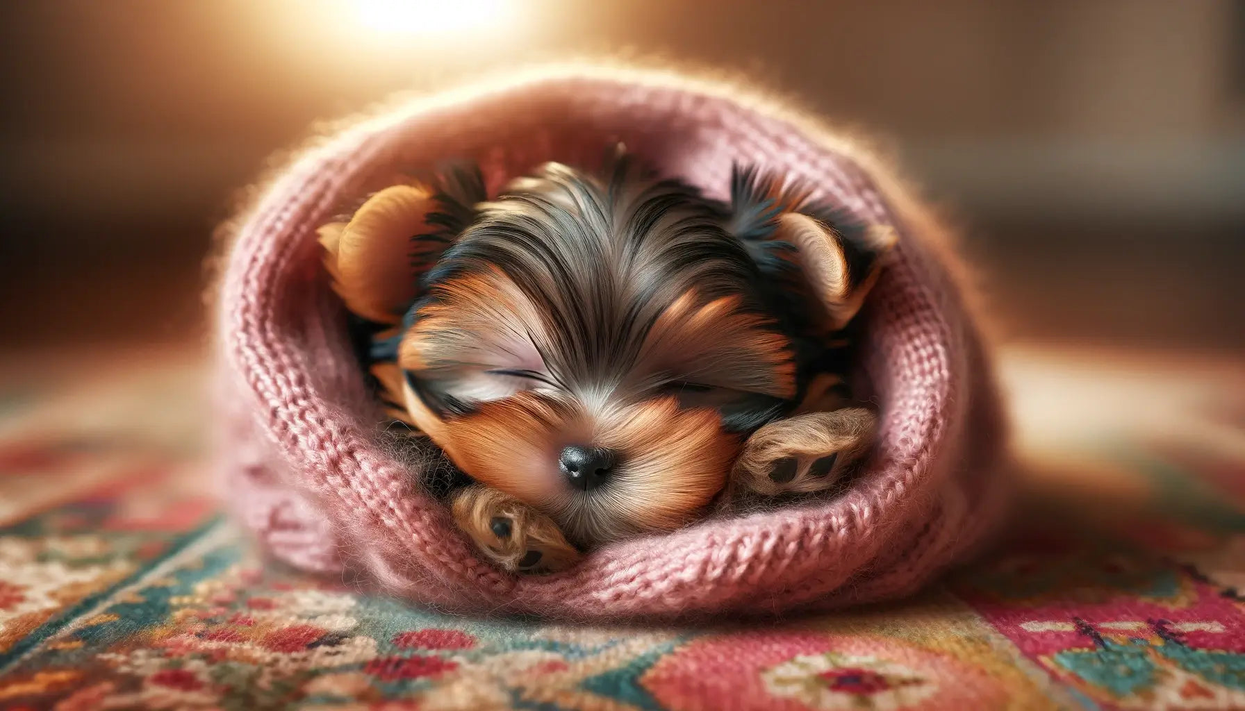 A Teacup Yorkie puppy nestles on a colorful rug.