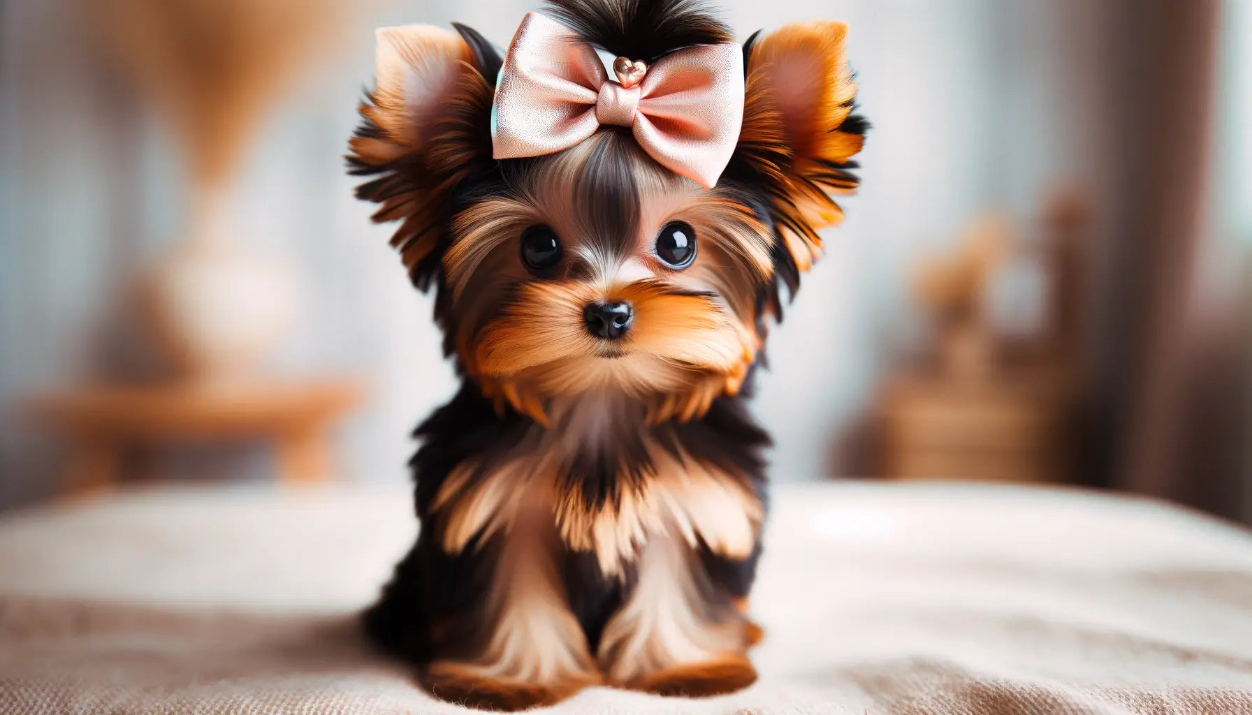 A Teacup Yorkie sits with a playful bow atop its head.