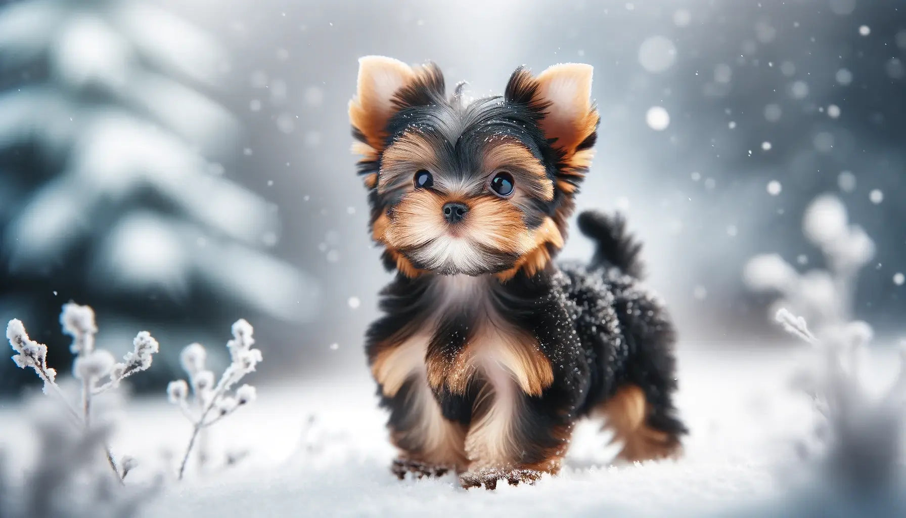 A Teacup Yorkie stands confidently on a snowy backdrop.