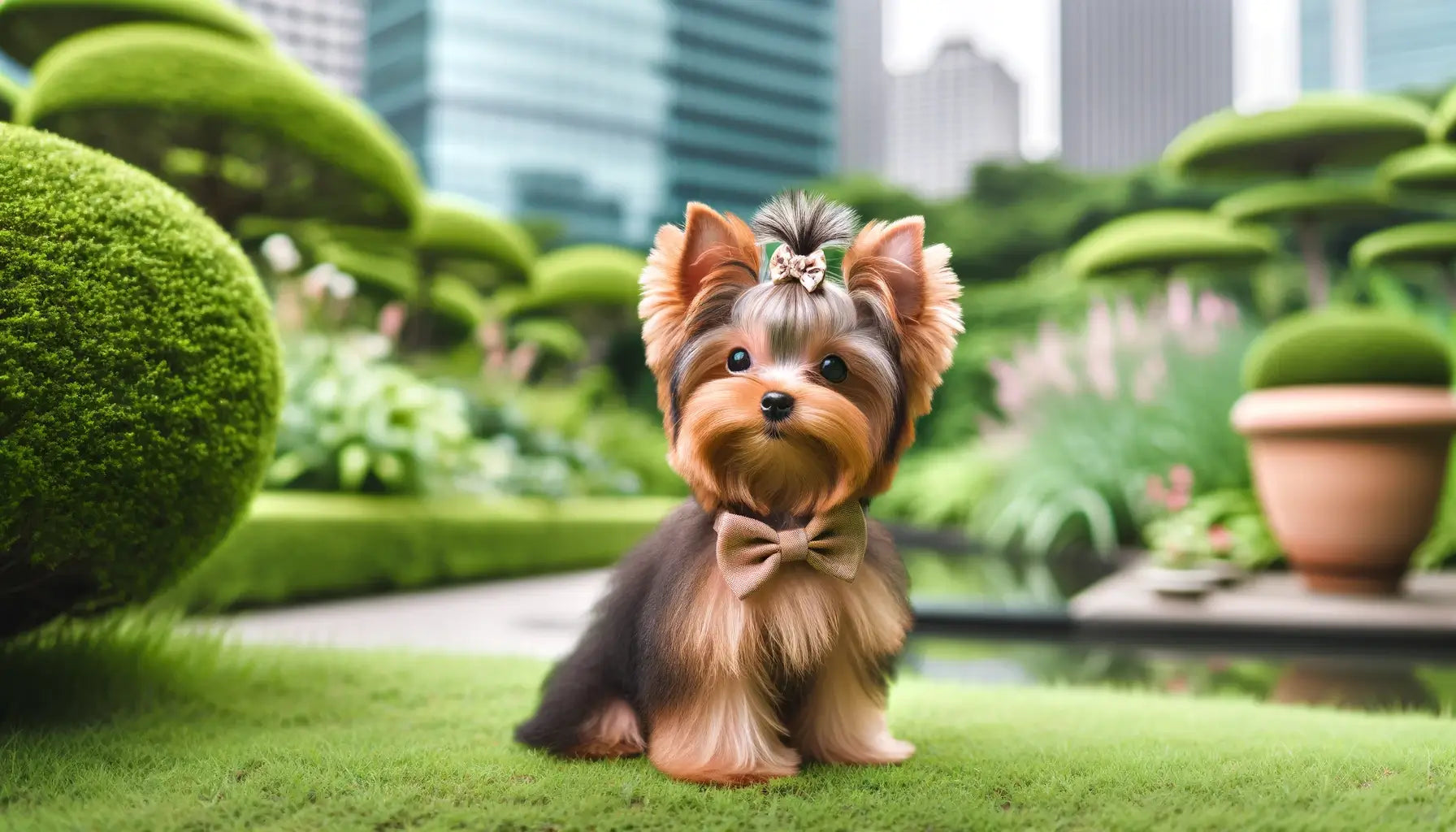 A Teacup Yorkie with a smart bow on its head.