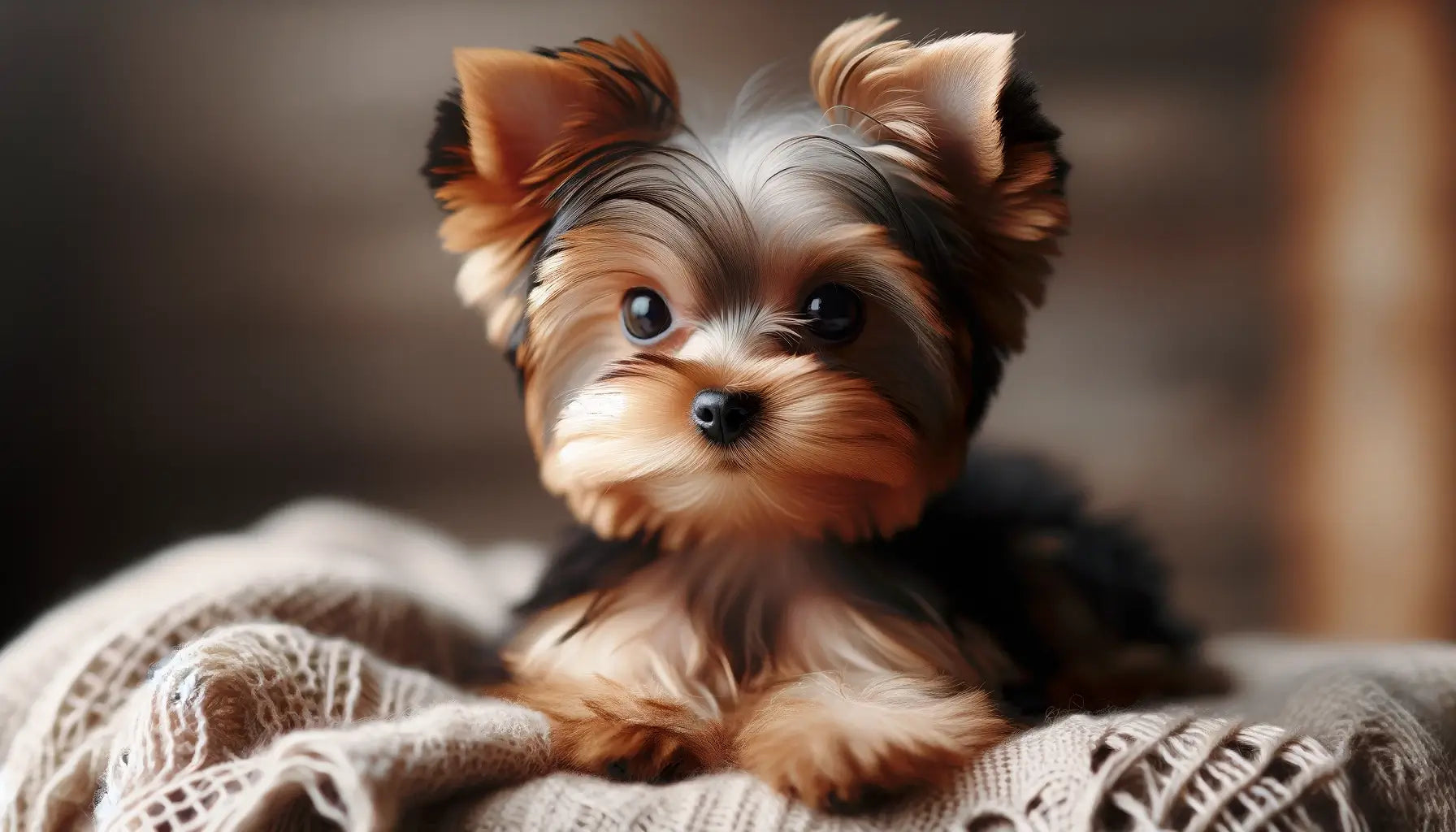 A Teacup Yorkie with a warm inquisitive gaze sits comfortably.
