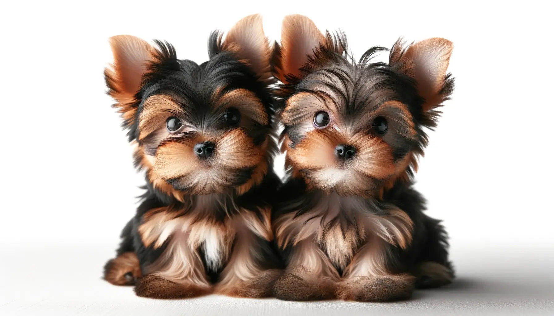Two Teacup Yorkies sitting side by side, showcasing their miniature frames and youthful expressions.