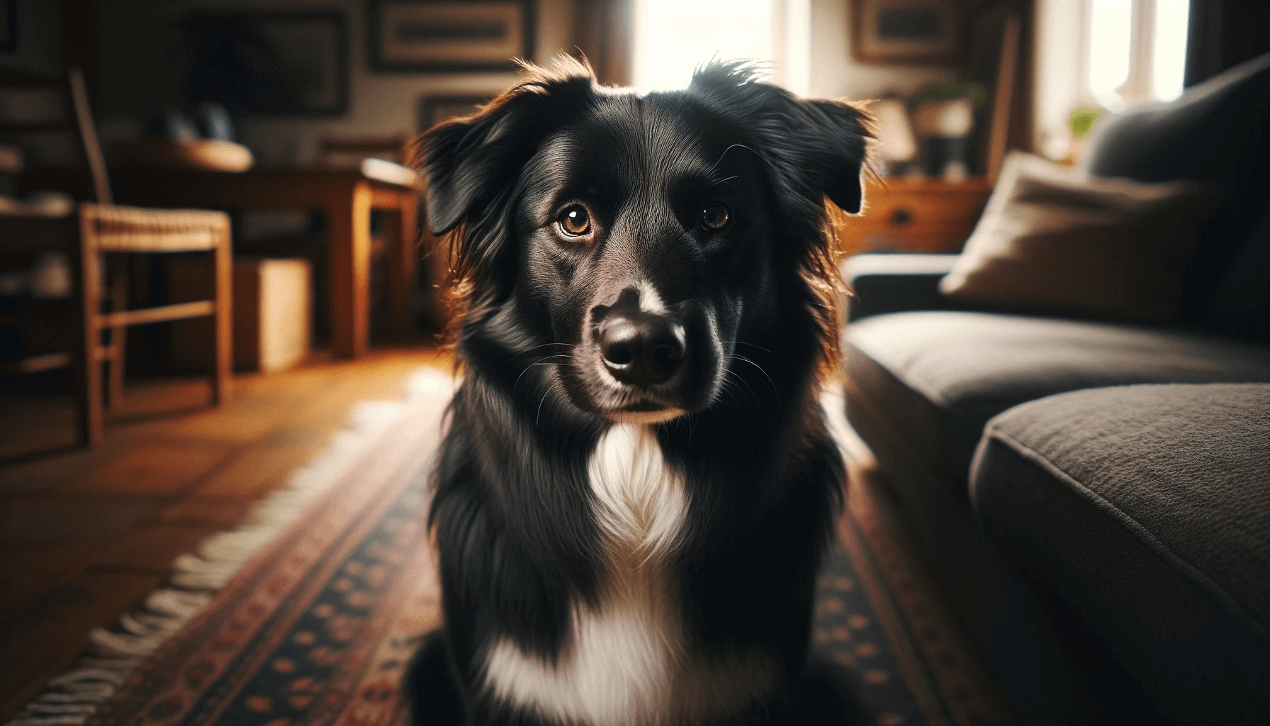 The final Borador Border Collie Lab Mix with a lush dark coat and a white chest.