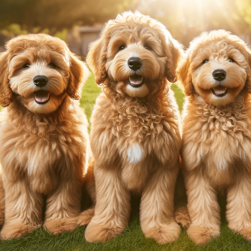 Labradoodles of different sizes sitting in a park