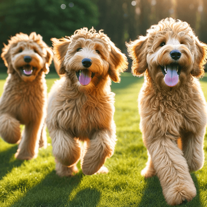 Labradoodles playing joyfully in a park