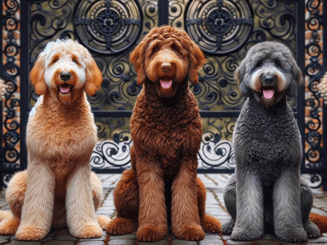 Three Labradoodles Seated in Front of an Ornate Wrought-Iron Gate