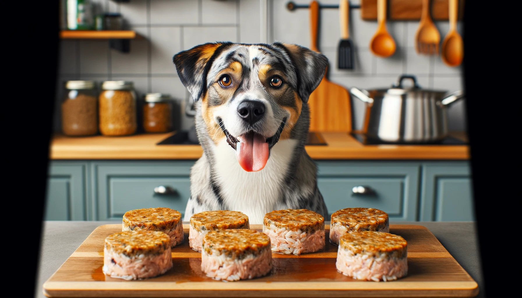 Tuna Rice Doggie Cakes with a Catahoula Leopard Dog sitting next to it.