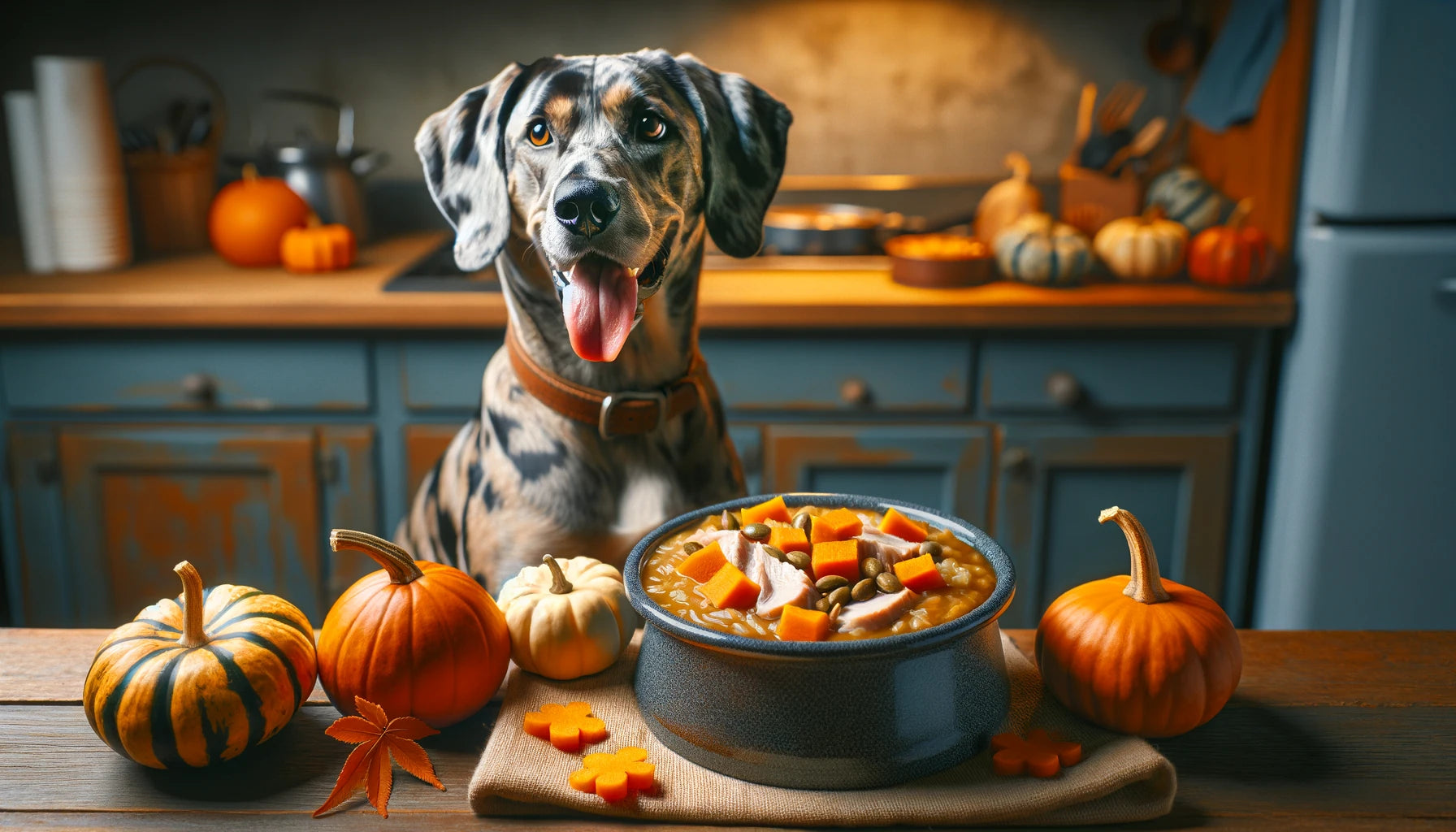Turkey and Pumpkin Stew in a dog's bowl with a Catahoula Leopard Dog sitting next to it.