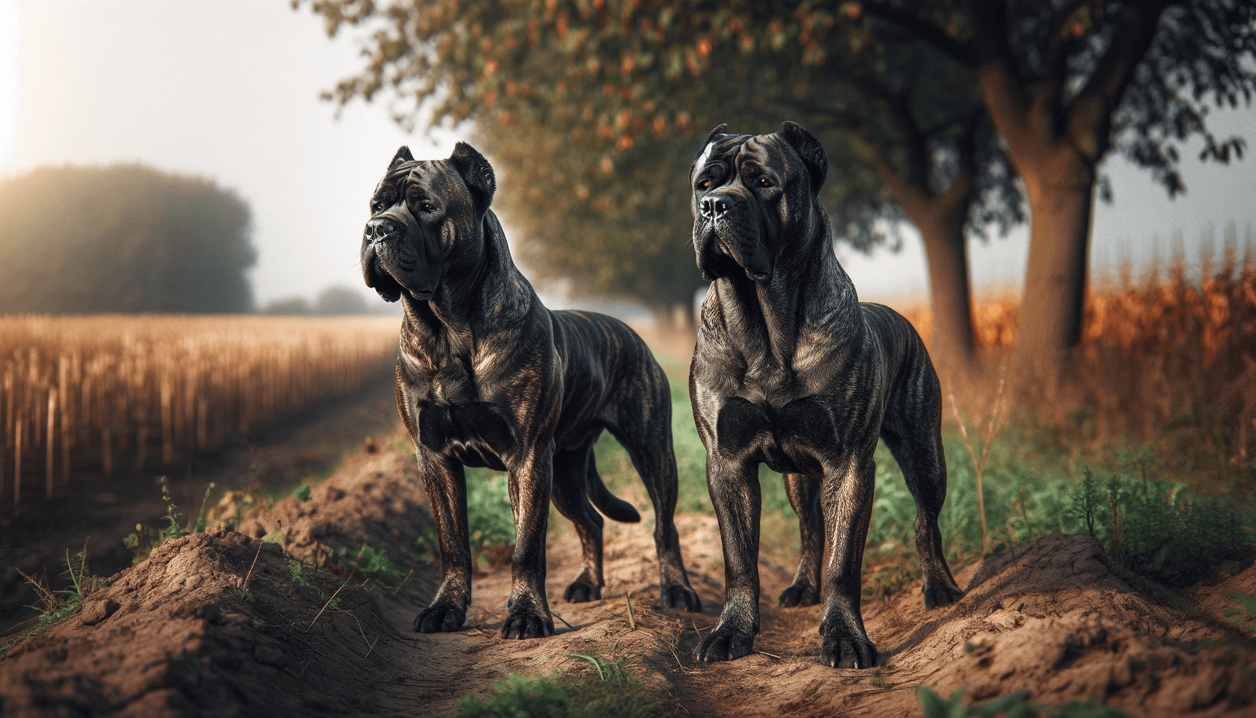 Two adult brindle Cane Corsos standing side by side in a rural setting, displaying their strong and confident presence.