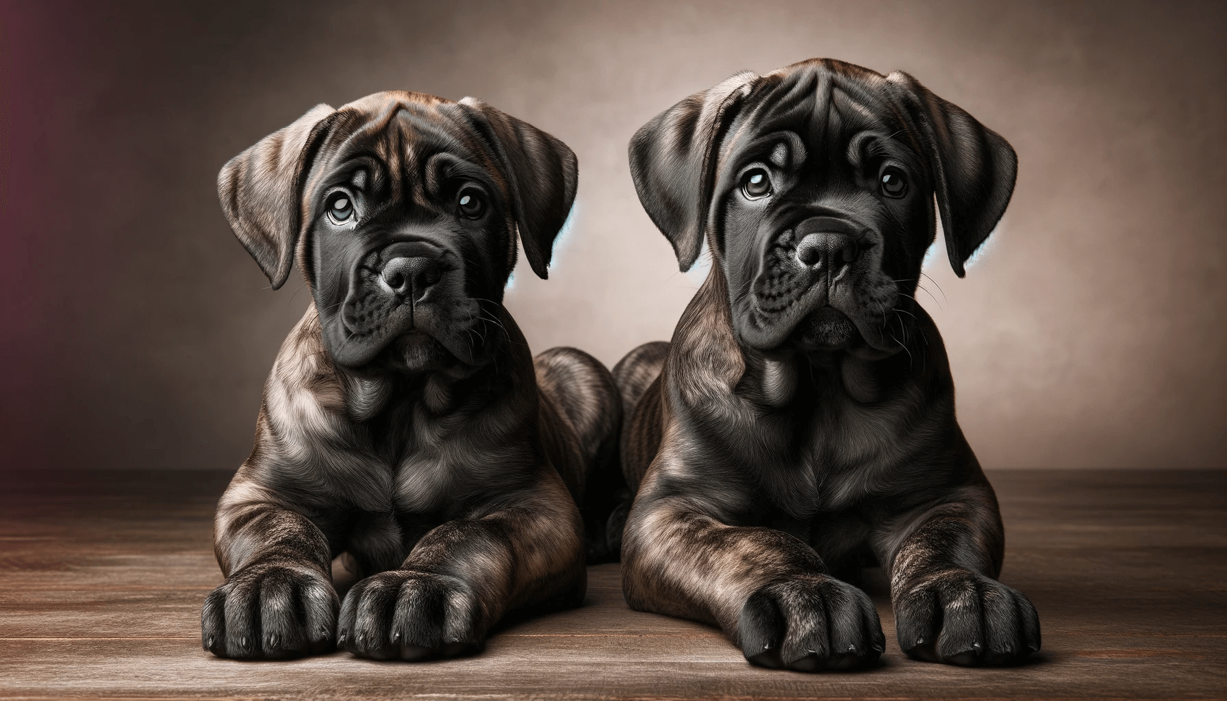Two brindle Cane Corso puppies lying side by side, showing curiosity and alertness, highlighting their bond and playful nature.