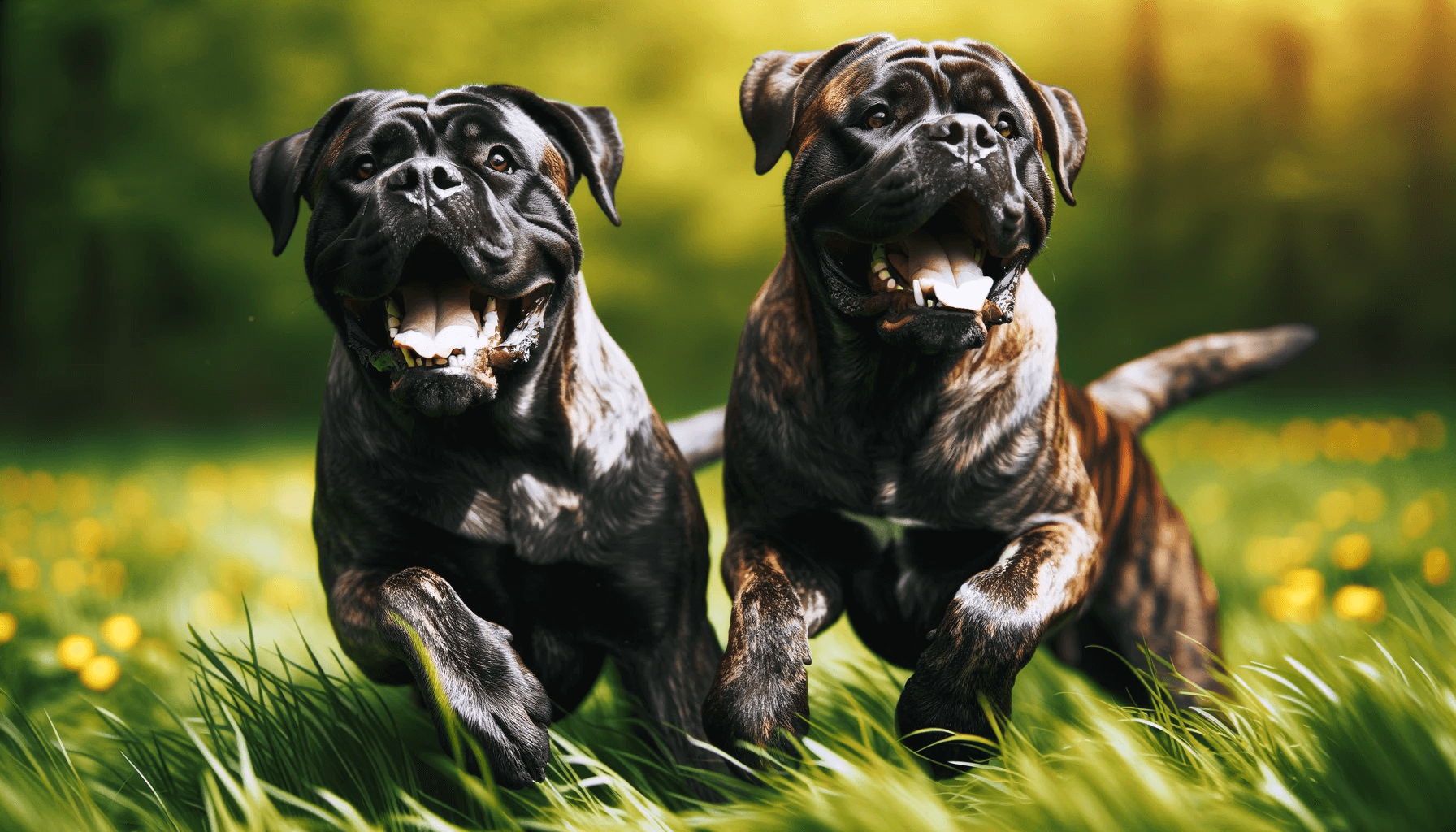 Two brindle Cane Corsos in a grassy field, possibly during playtime. Their dynamic poses and open mouths suggest active play and enjoyment.