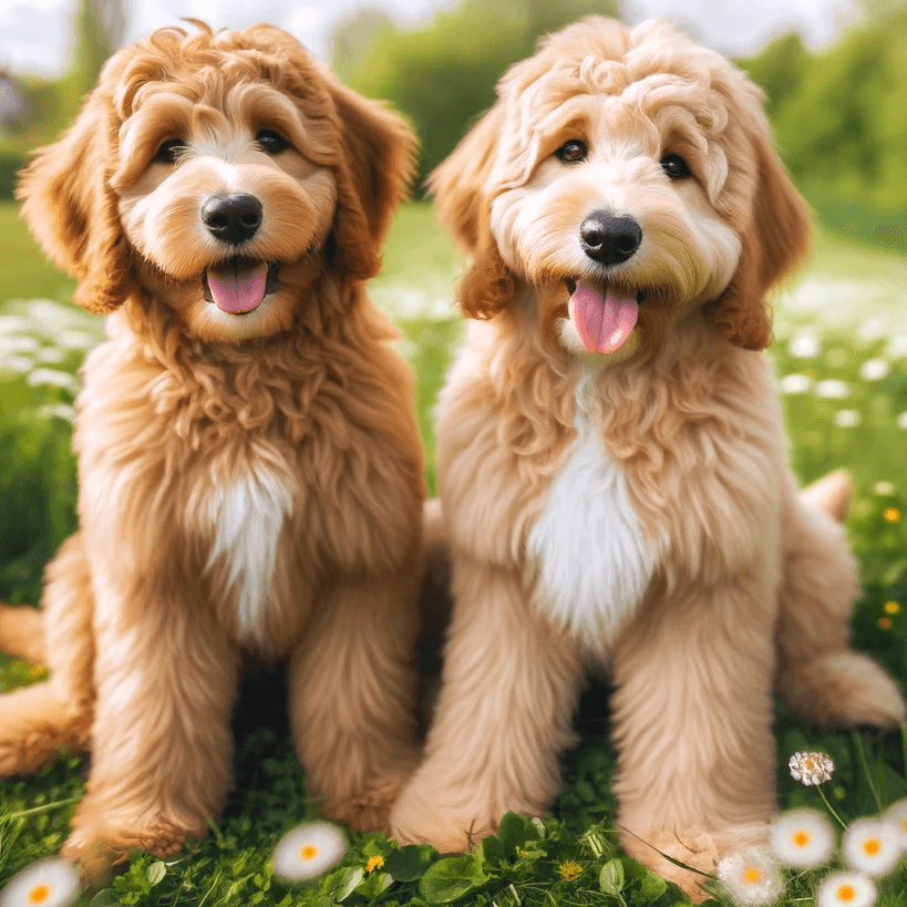 Two Cheerful Labradoodles Sitting on a Green Meadow