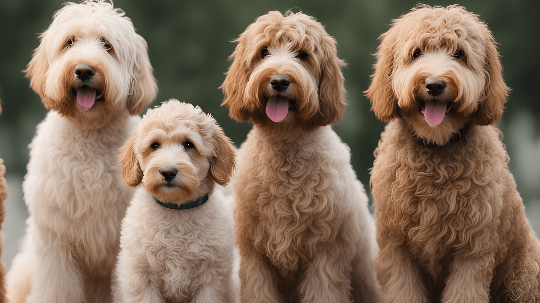 Various Labradoodles showcasing different coat types, from curly to wavy to straight