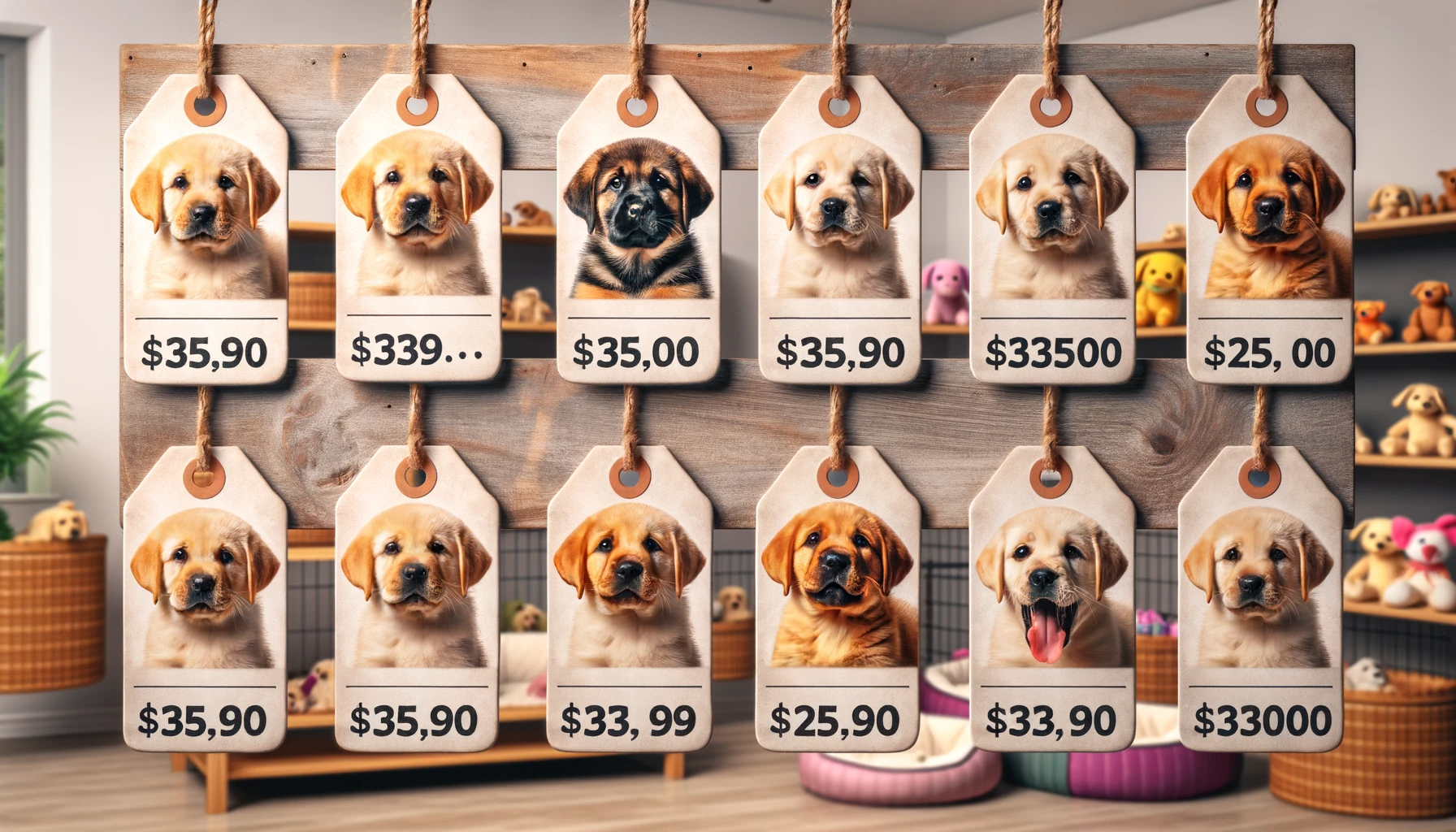 Various price tags hanging beside Labrottie puppies for sale, showcasing the price range one might expect when making this life-changing decision.