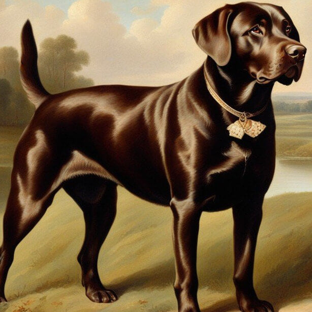 Vintage painting of an English Chocolate Lab during a royal hunt