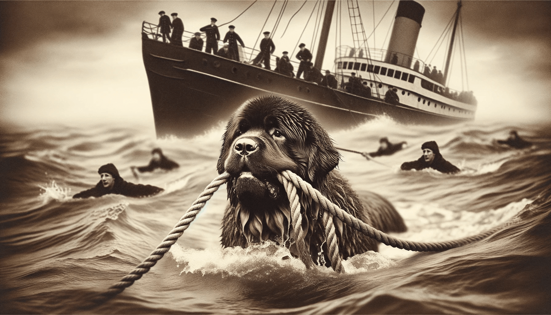 Vintage Photo of a Newfoundland Dog in a Water Rescue