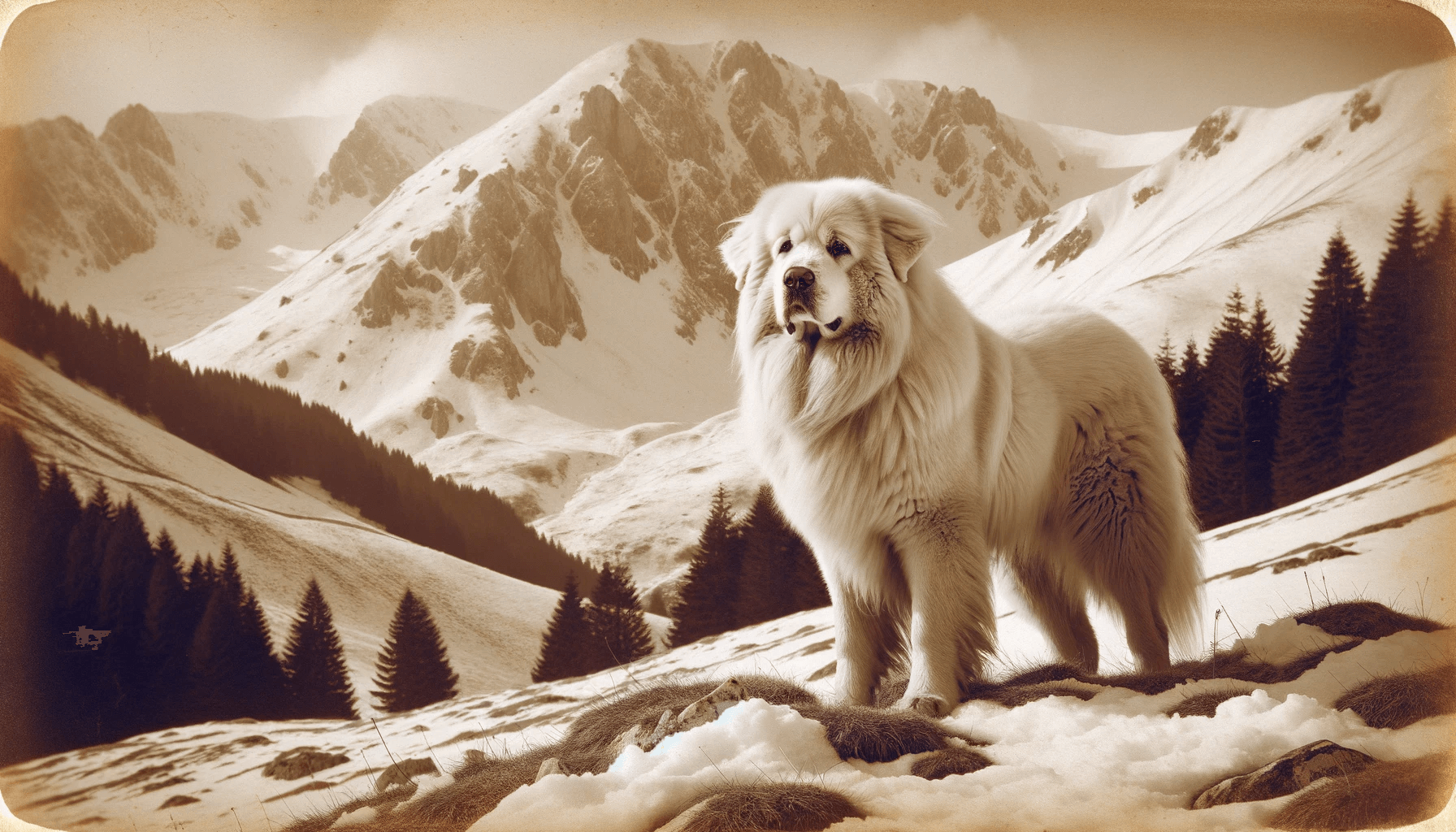 Vintage sepia photo of a Great Pyrenees on a snowy mountain