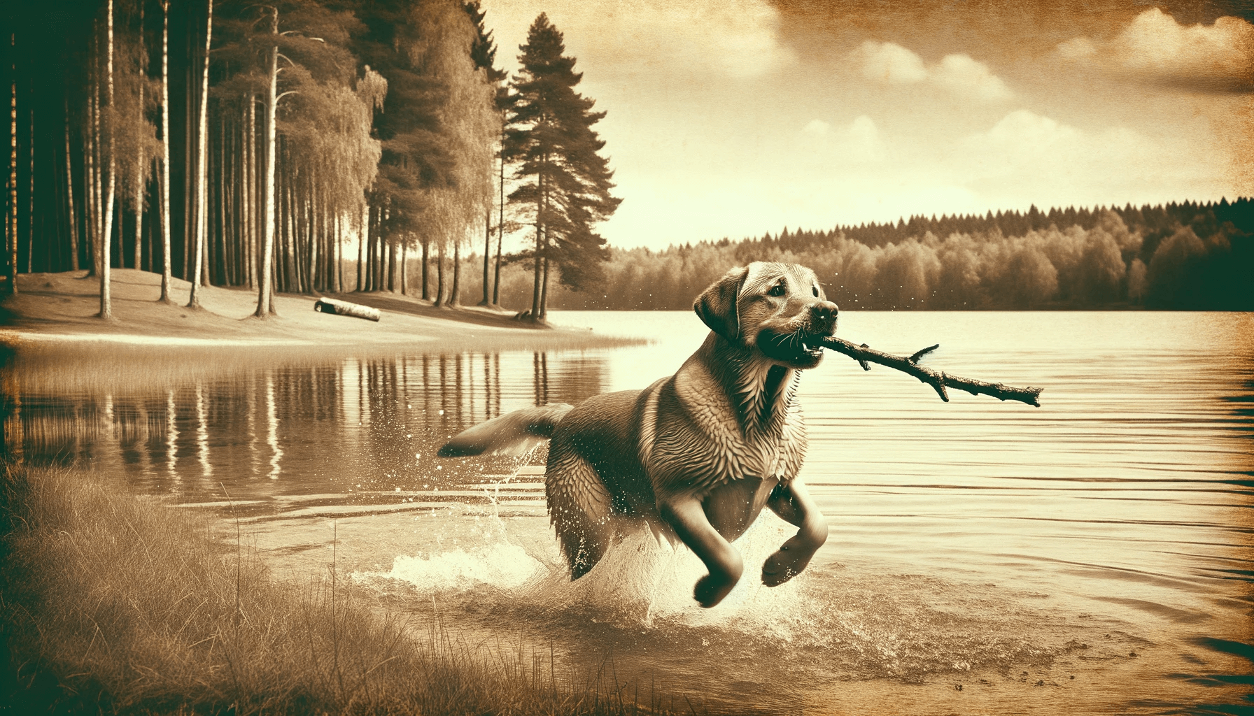 Vintage snap of a Labrador Retriever doing what it does best—retrieving