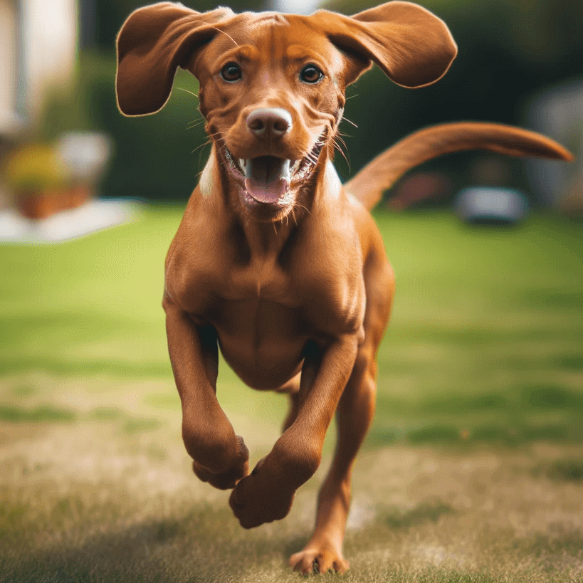 Vizsla Lab Mix caught in a playful mood running in the yard