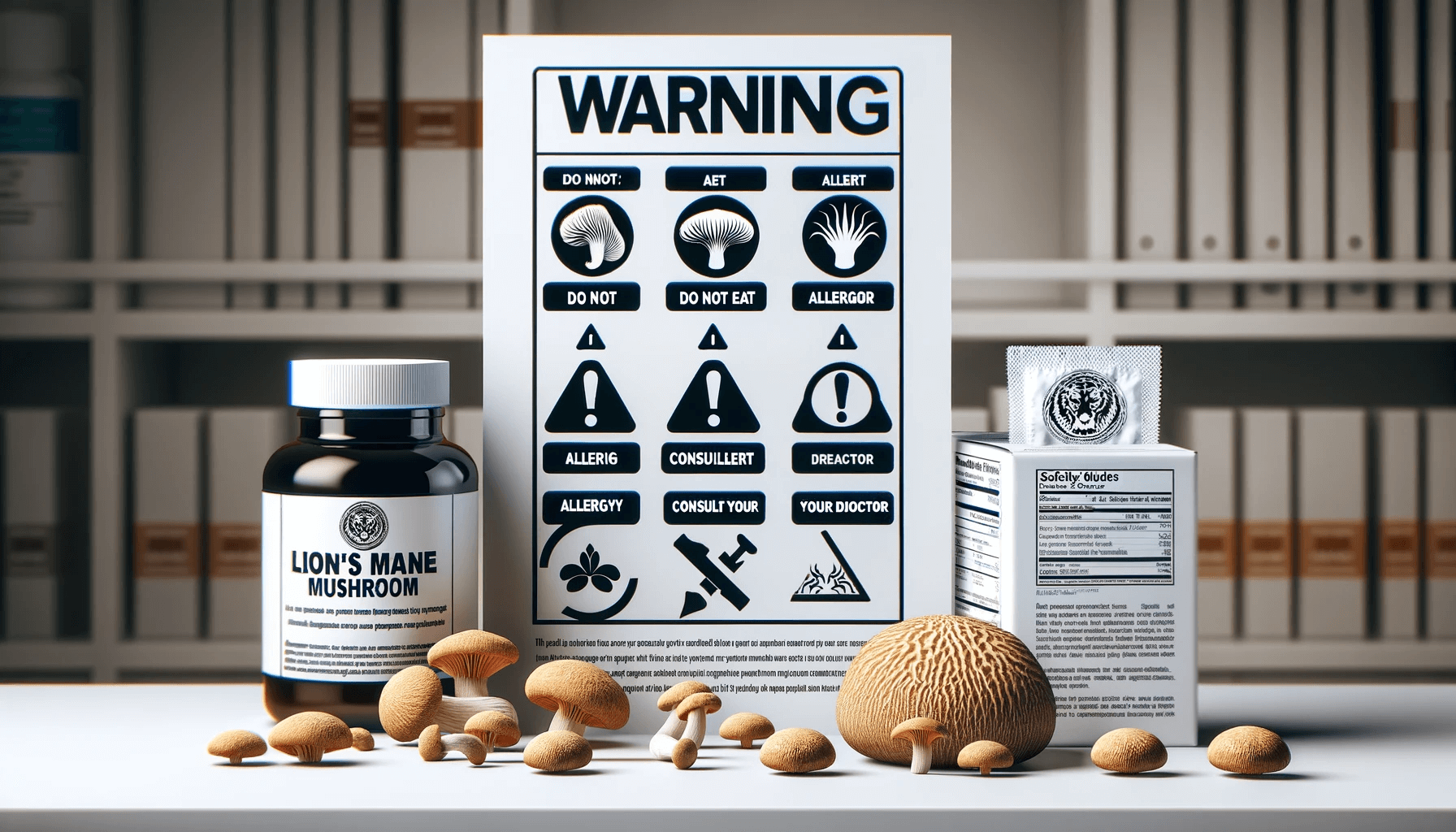 Warning symbols alongside Lion's Mane mushroom supplements, informing users of important safety guidelines and potential allergic reactions to be aware of