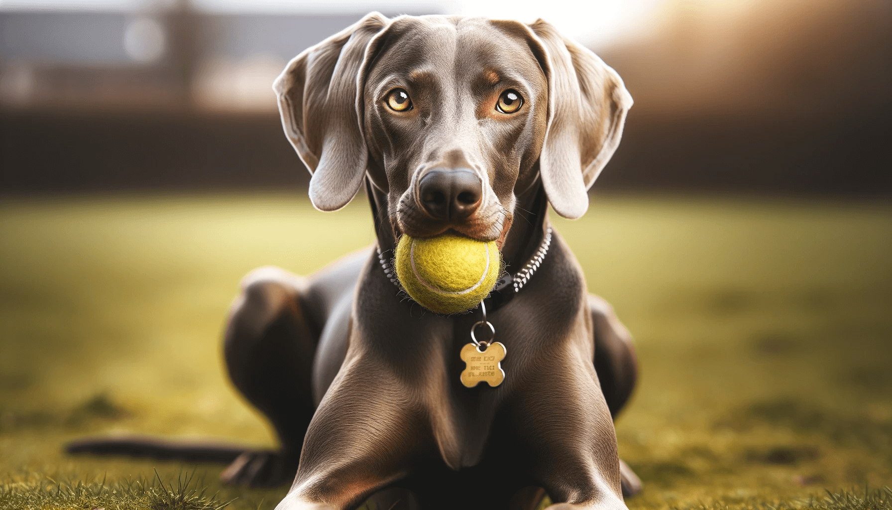 Weimaraner Lab mix dog lying on a grassy field, holding a bright yellow tennis ball in its mouth. The dog has a sleek black coat and a bright attentive expression.