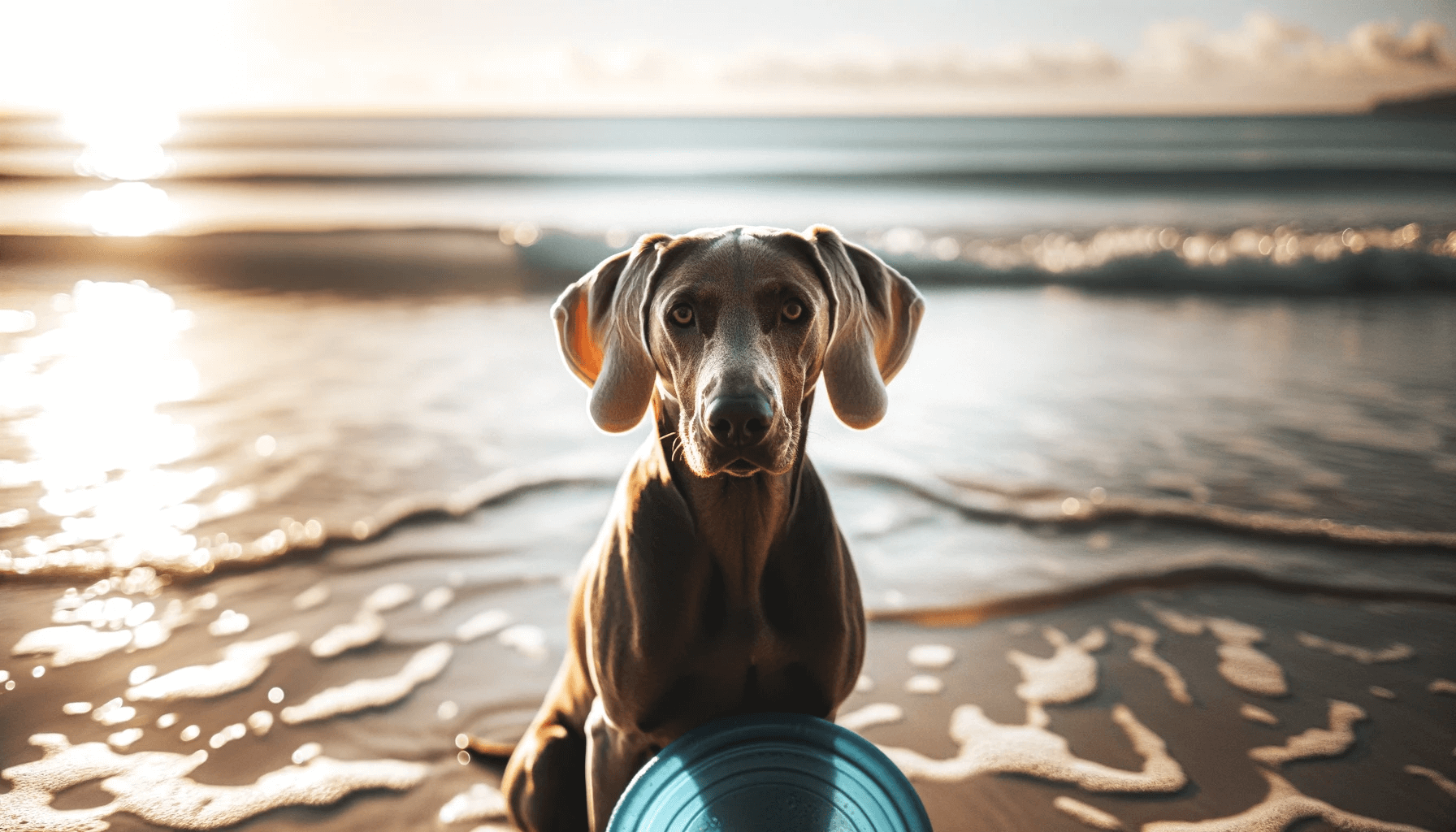 Weimaraner Lab mix dog sitting on a sunny beach, the ocean waves gently lapping at the shore in the background. The dog's coat is a glossy blend of colors, creating a stunning appearance.