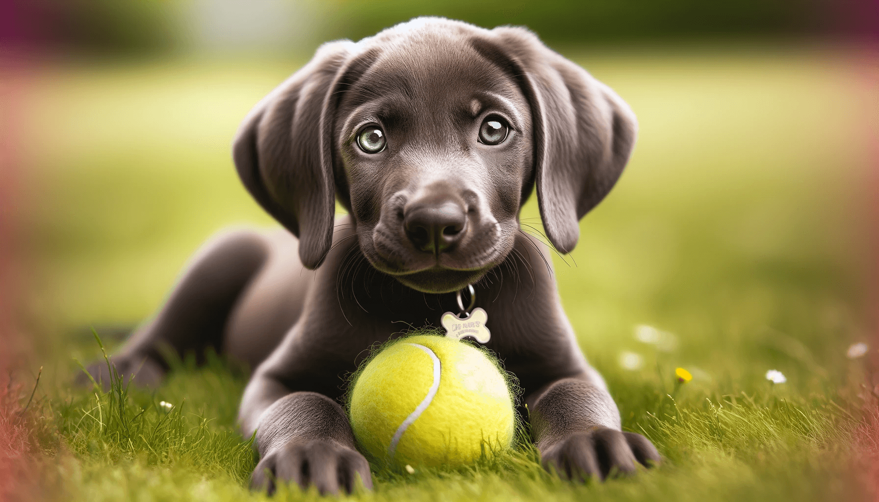 Weimaraner Lab mix puppy lying on a grassy field, holding a bright yellow tennis ball in its mouth. The puppy has a soft, fluffy black coat and a big, curious expression.