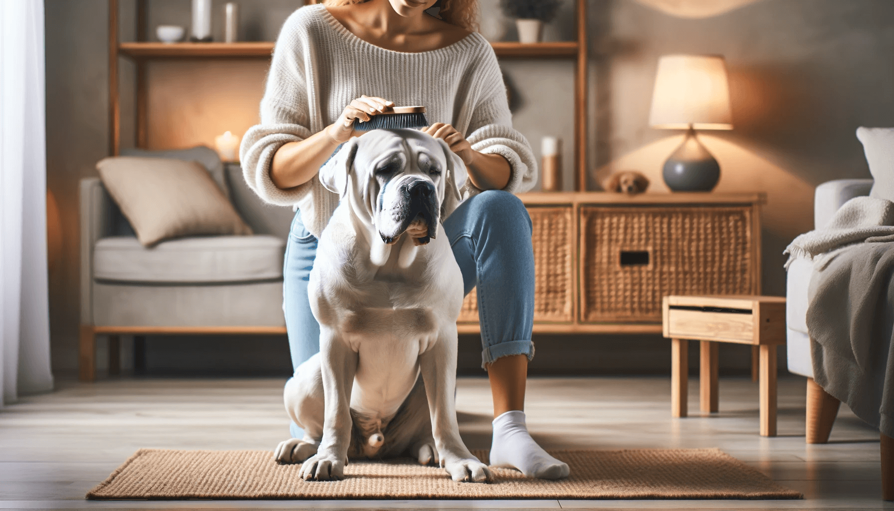 A White Cane Corso being groomed by its owner in a cozy home environment.