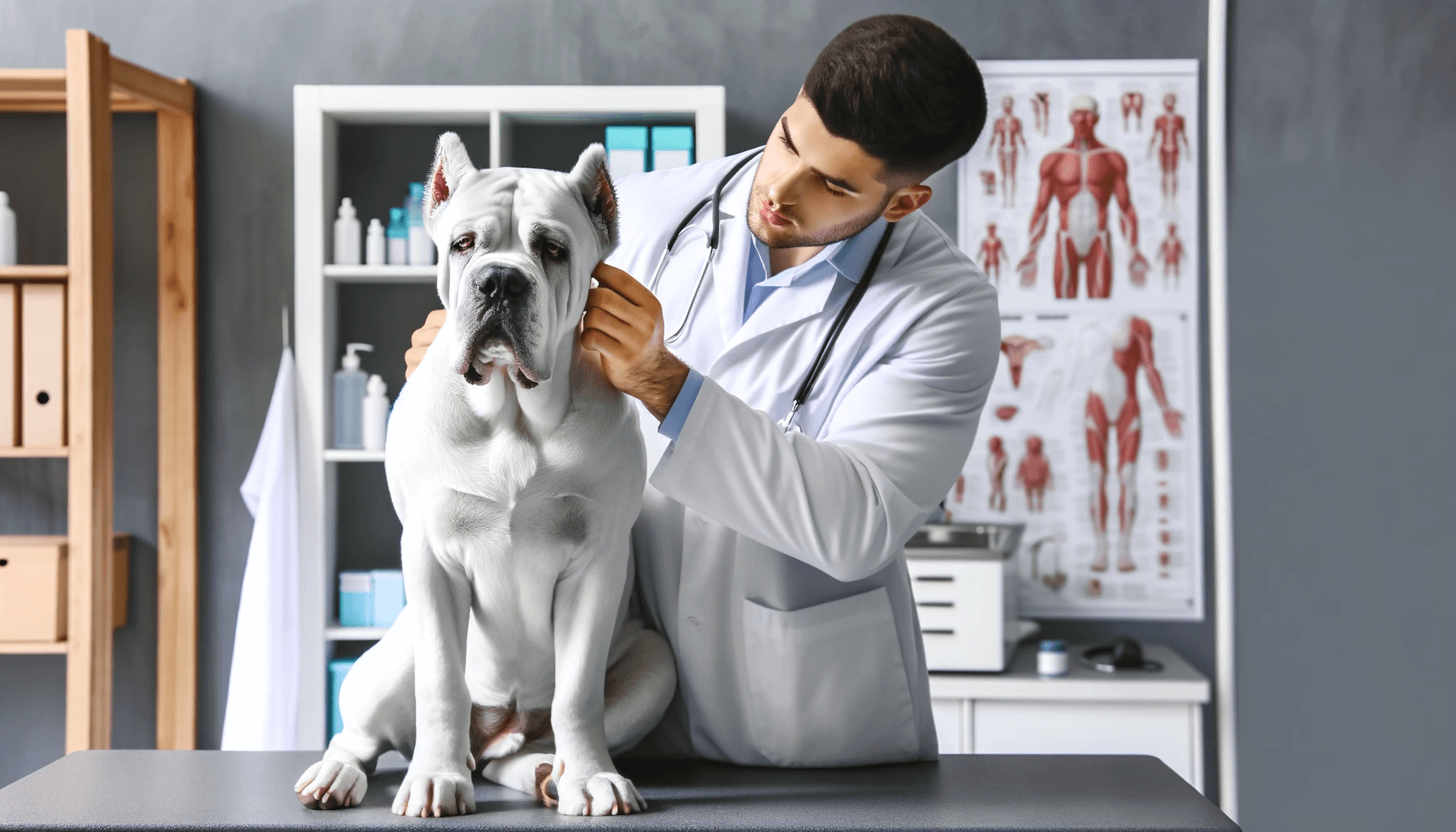 A White Cane Corso during a health check with a veterinarian.
