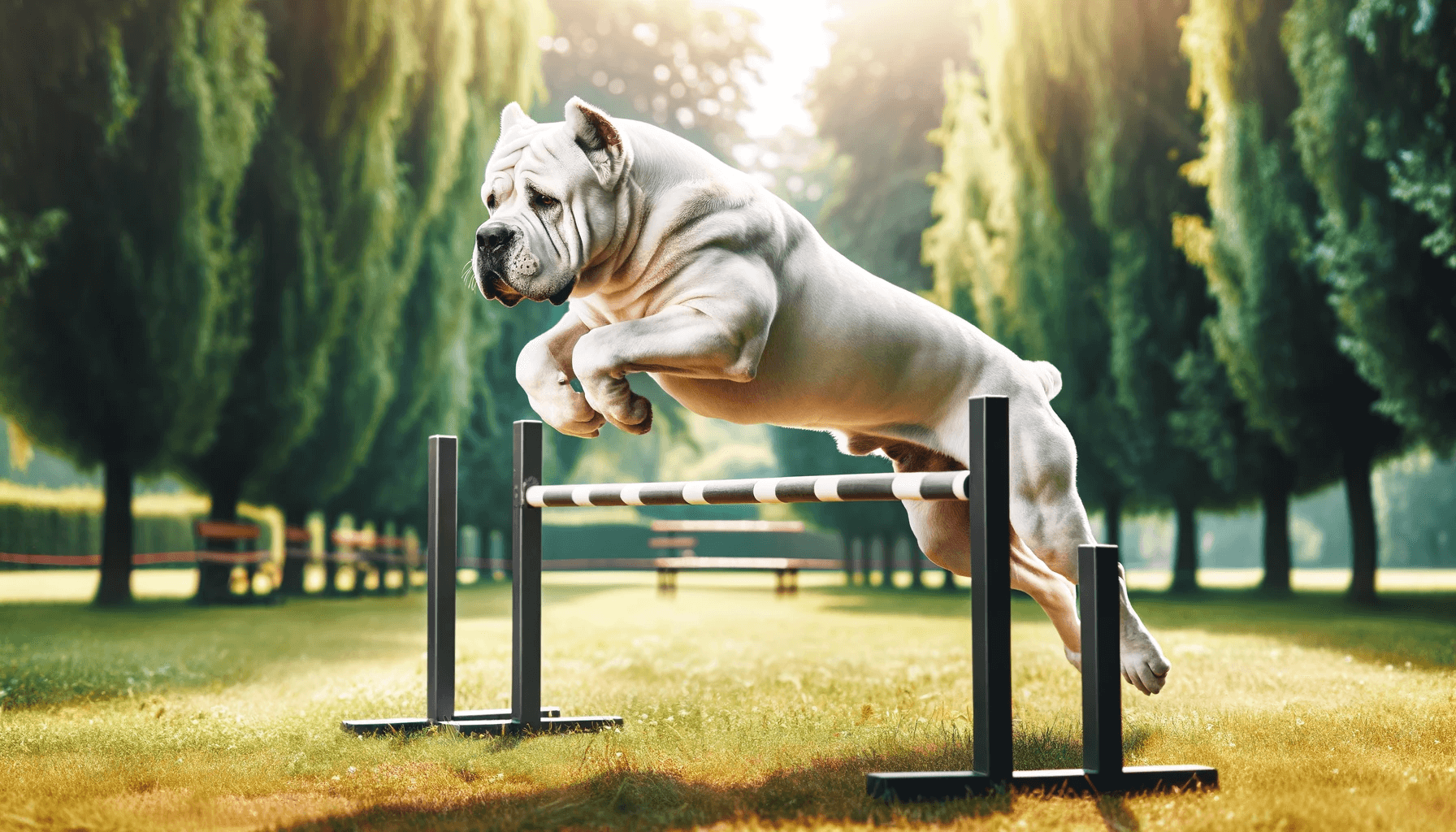 A White Cane Corso engaged in training or exercise, leaping over a hurdle in a park.