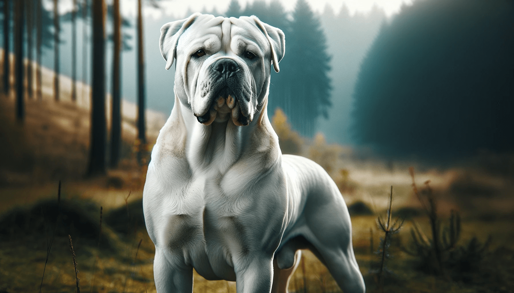 A proud White Cane Corso in a natural outdoor environment, standing with a proud posture.