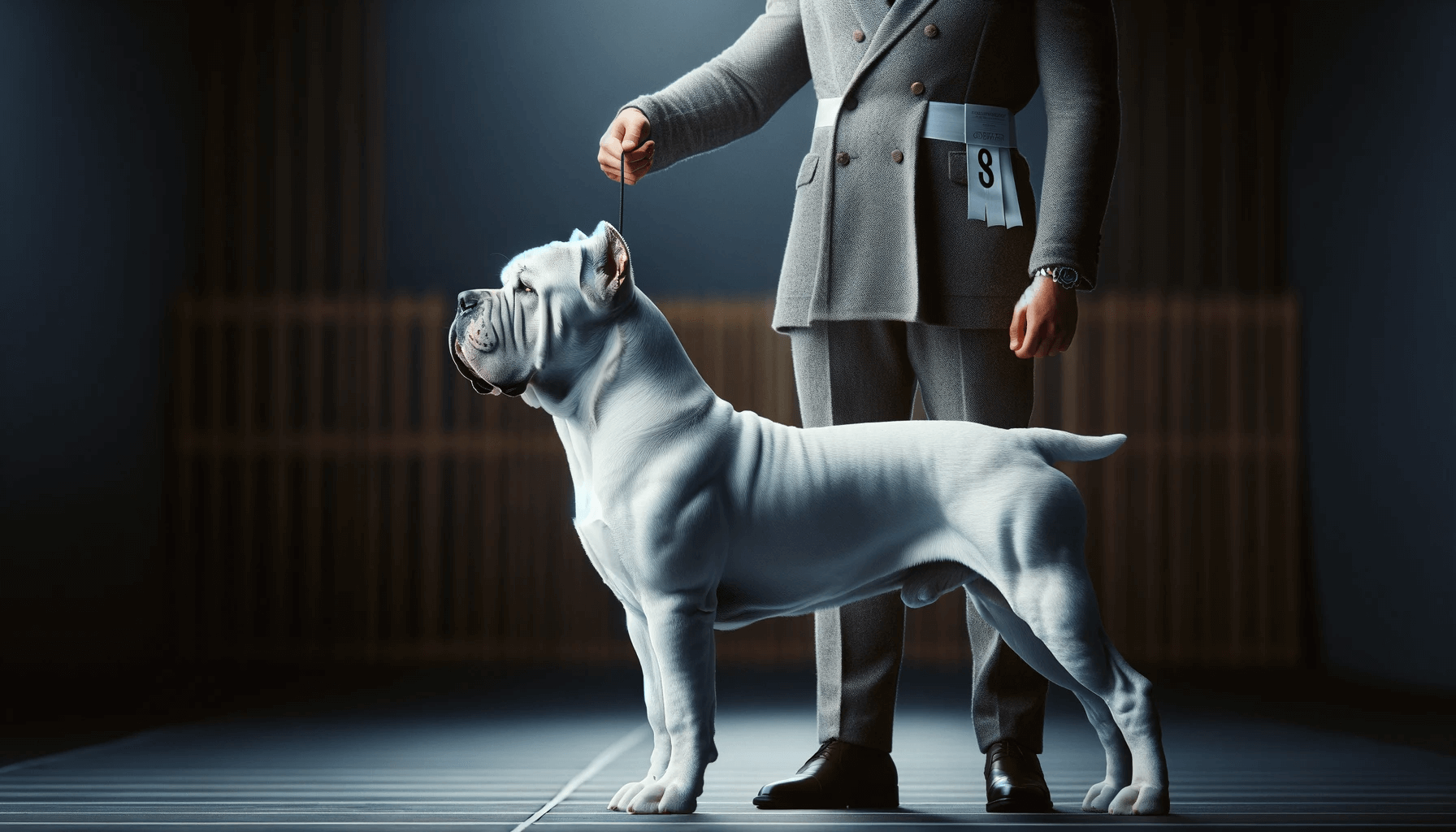 A muscular White Cane Corso in a side stance with a handler, showing the breed's muscular build and attentive posture.
