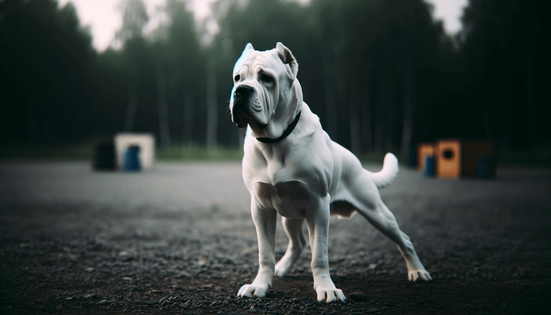 A White Cane Corso in a stance indicating alertness and readiness, possibly during a training session.