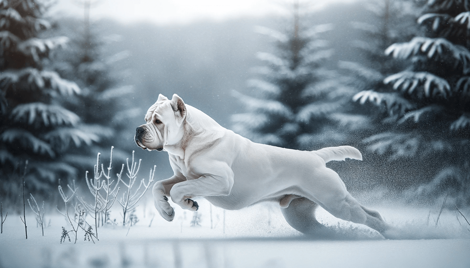 A White Cane Corso moving through a snowy landscape, demonstrating the breed's powerful gait and grace.