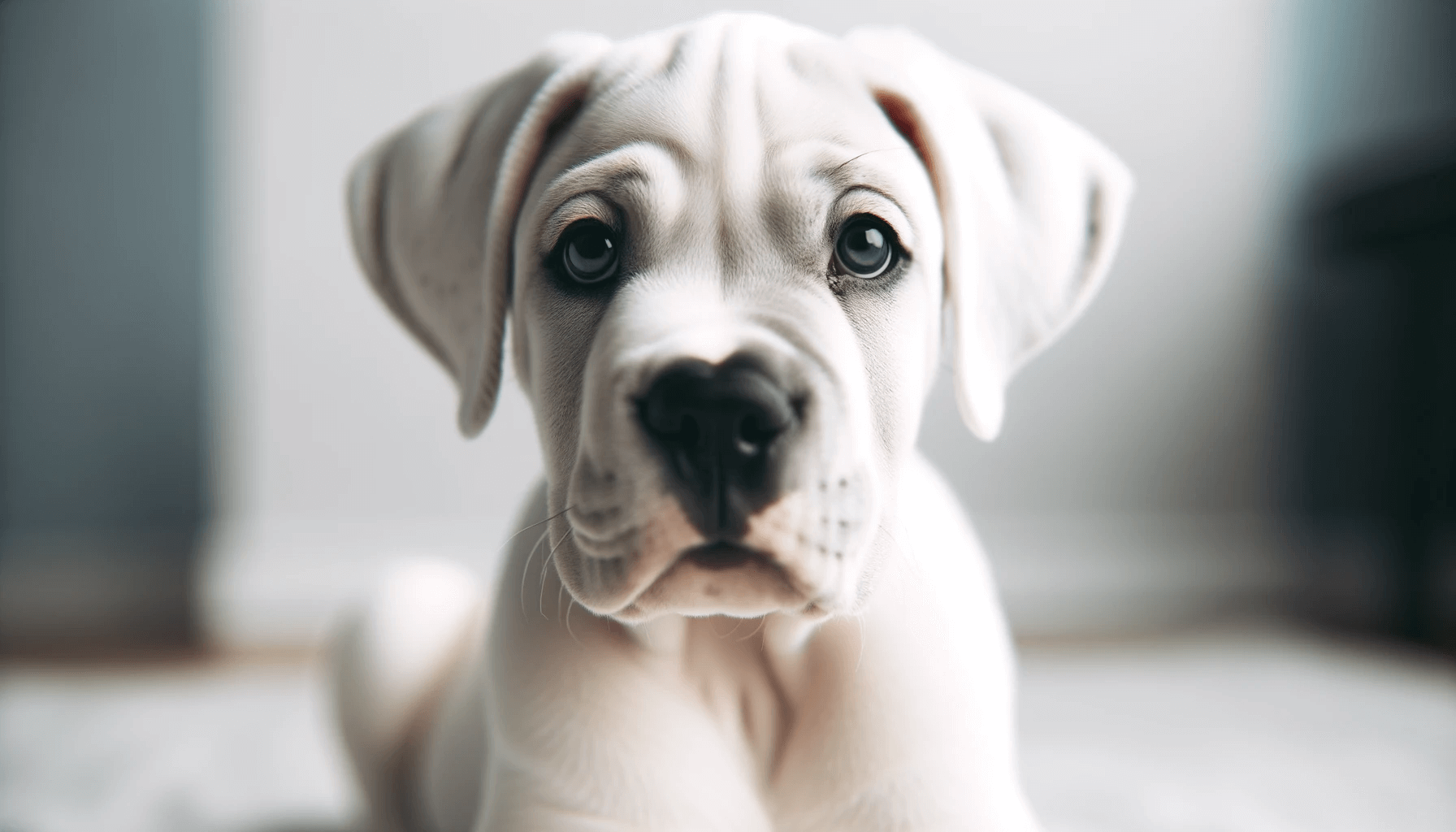 A youthful White Cane Corso puppy looking directly at the camera. The image highlights its youthful innocence.