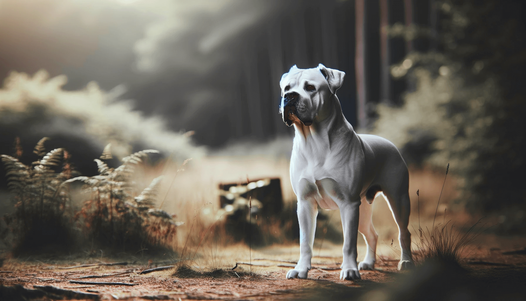 An alert White Cane Corso standing in an outdoor setting, possibly a yard or training ground.