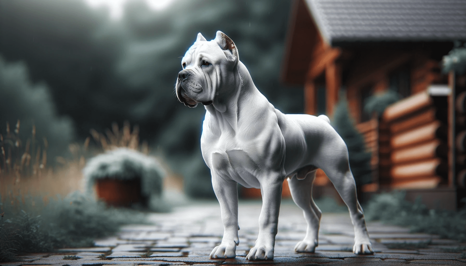 A confident White Cane Corso standing in profile in an outdoor setting, showcasing its strong backline and confident stance.