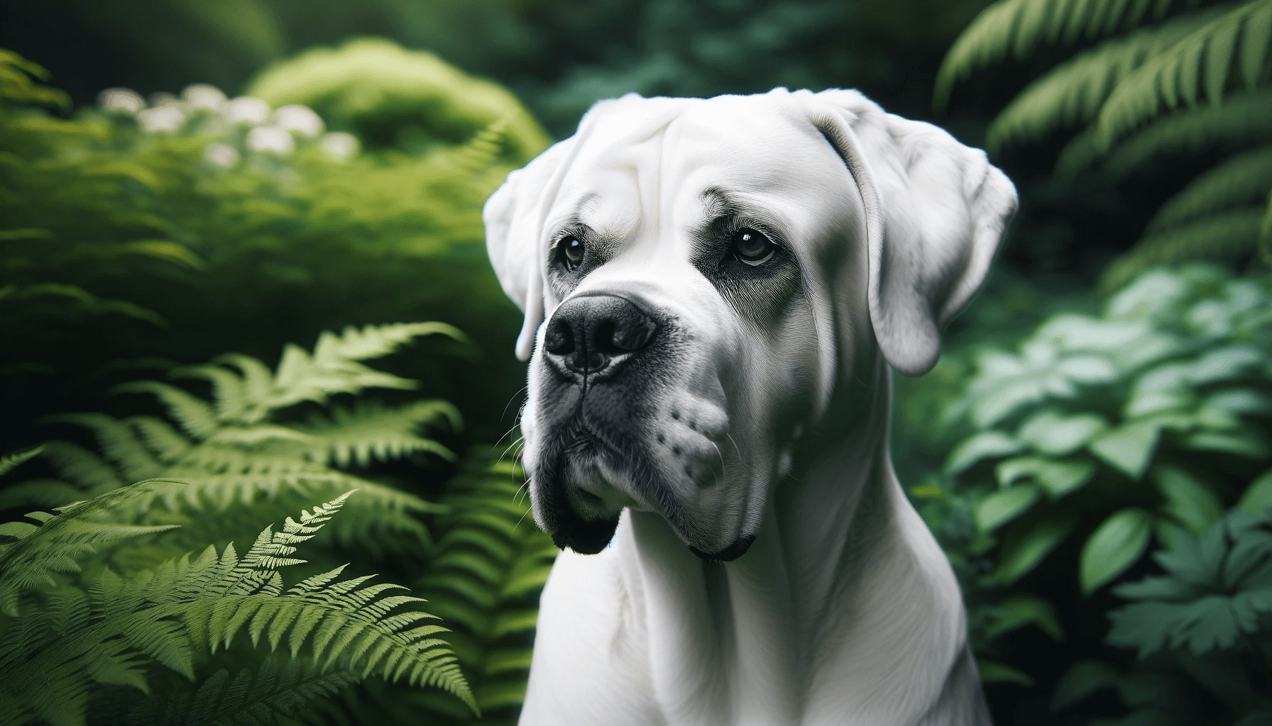 A noble White Cane Corso with a backdrop of foliage, focusing on the breed's noble head and expression.